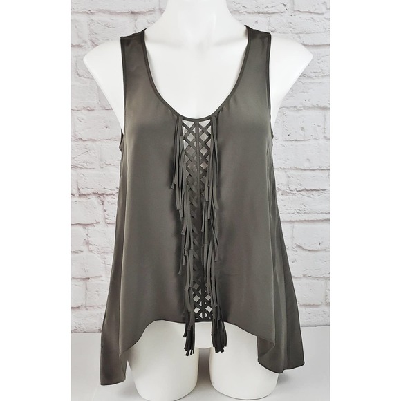 BCBGMaxAzria Mura Top/Tank ~ Dark Green/Olive Fringed 100% Silk ~ Size Small - Picture 2 of 9
